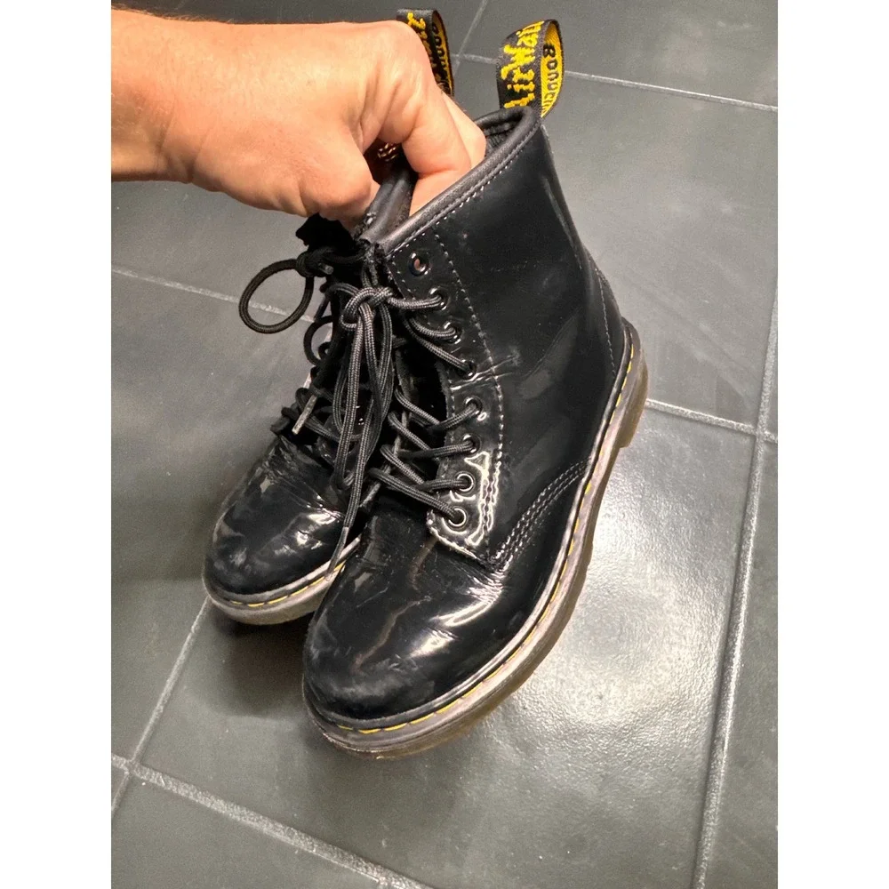 Dr Martens 1460 J Kids Black Patent Leather Lace Up Side Zip Boots Size 1 US